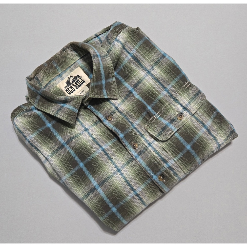 Old Mill Plaid Flannel Button Down Shirt Mens XL Green Blue Long Sleeve Comfort